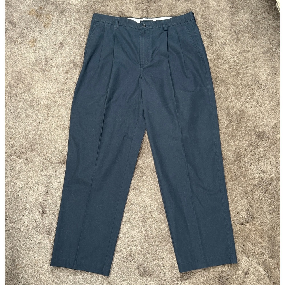 L.L.Bean Chinos Mens 35 Navy Blue Solid Pleated Front Natural Fit Cotton Pants